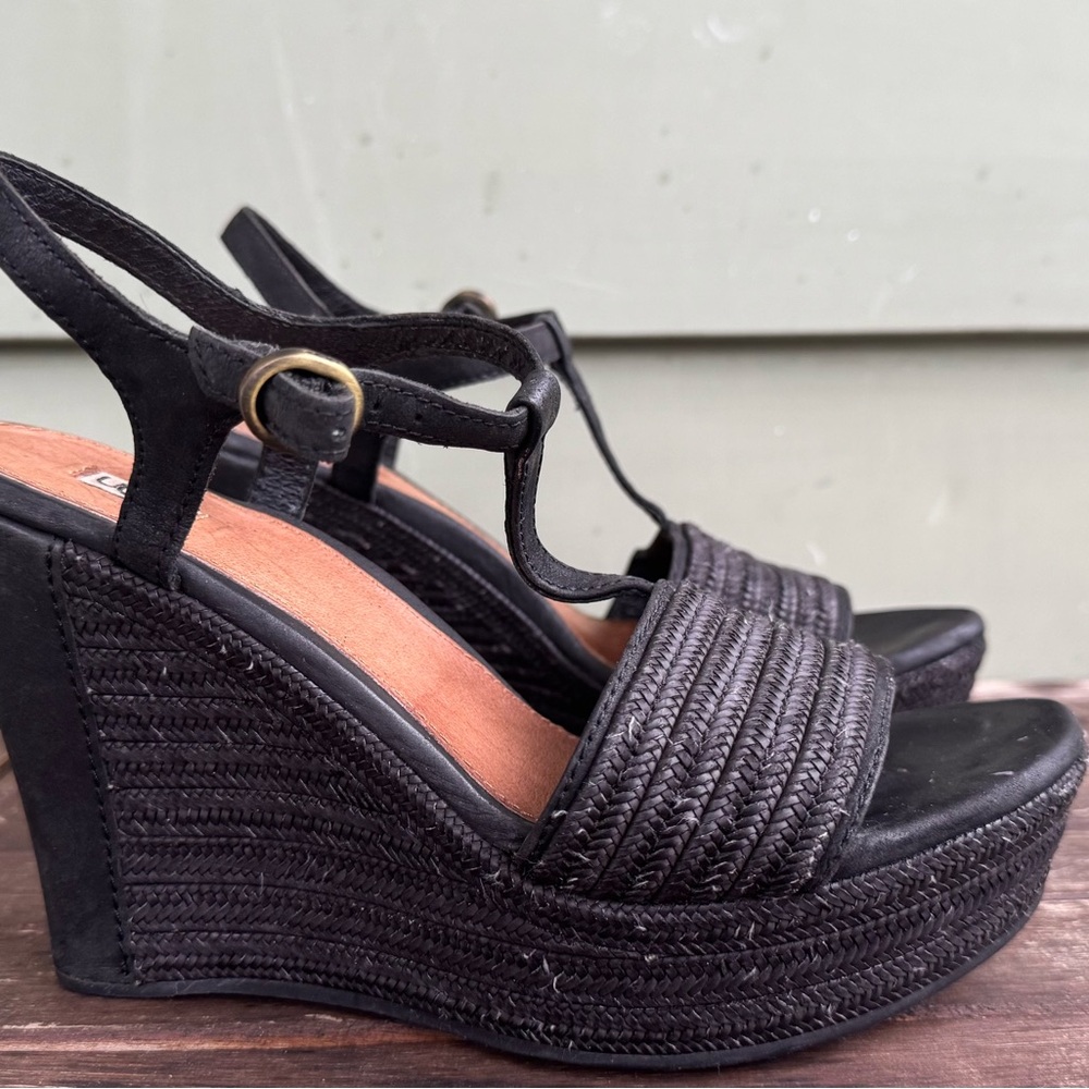 UGG Black Wedge Sandals with Shimmery Straps